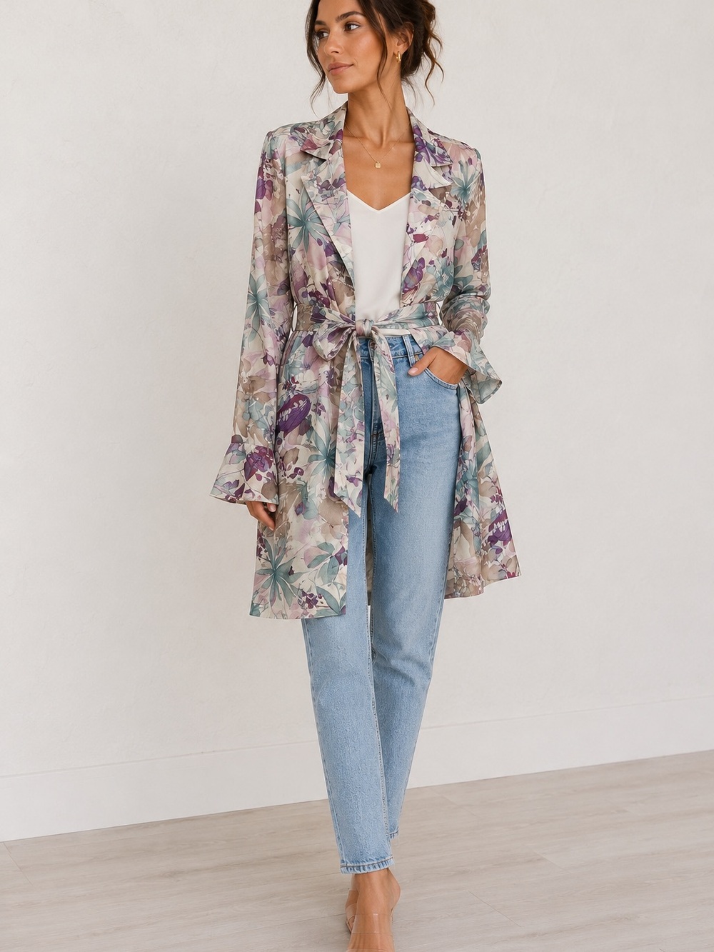 Linda Allard for Ellen Tracy 100% Silk Floral Belted Trench Jacket Duster Small - Picture 1 of 6